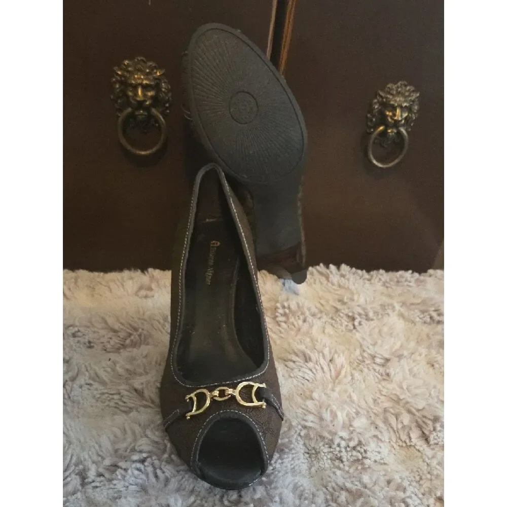 Etienne Aigner Brown Patterned Peep-Toe Heels with Gold Hardware